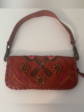 Vintage III Parcel Burnt Red Tooled Leather Guitar Motif Shoulder Bag/Clutch